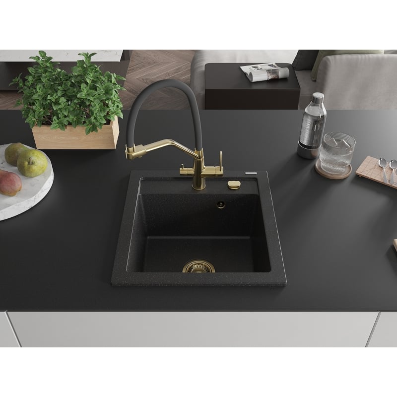 Mexen Vito 1-bowl granite sink with Duo kitchen faucet, black/silver metallic - 6503-73-671701-57-G