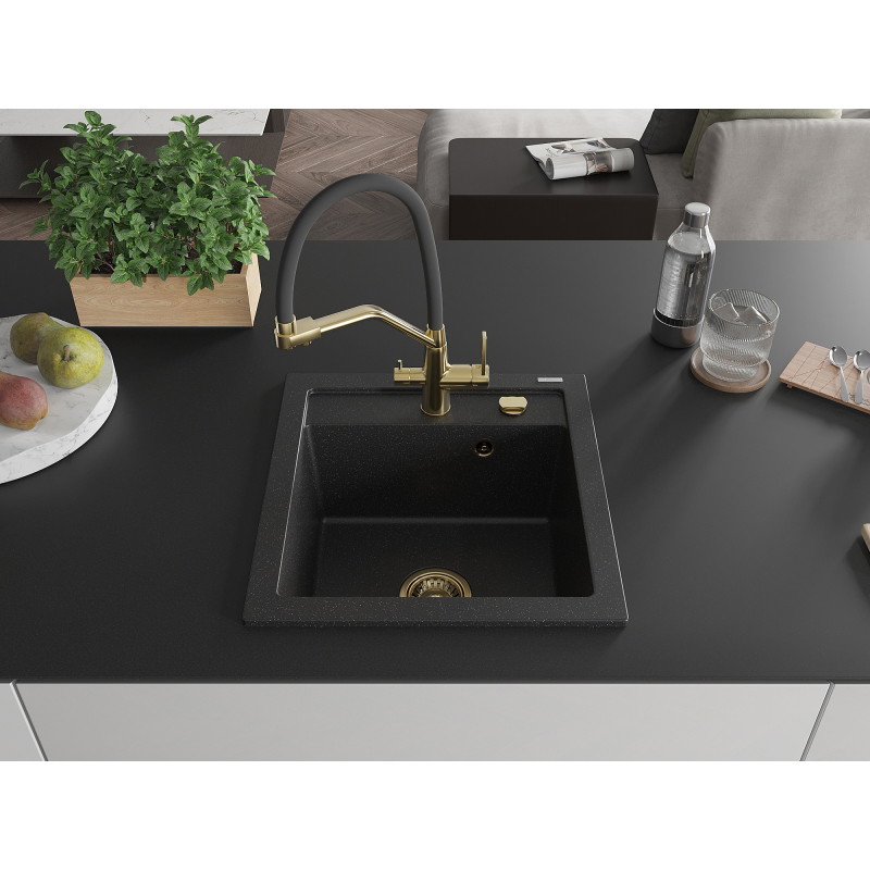 Mexen Vito granite single-bowl sink with Duo kitchen faucet, black/silver metallic - 6503-73-671701-57-G