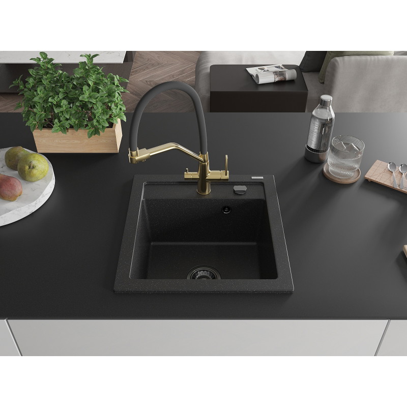 Mexen Vito 1-Bowl Granite Sink with Duo Kitchen Faucet, Black/Silver Metallic - 6503-73-671701-57-B