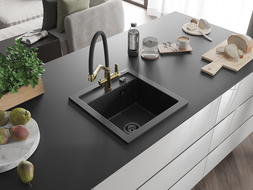 Mexen Vito 1-bowl granite kitchen sink with Duo tap, black/silver metallic - 6503-73-671701-57-B