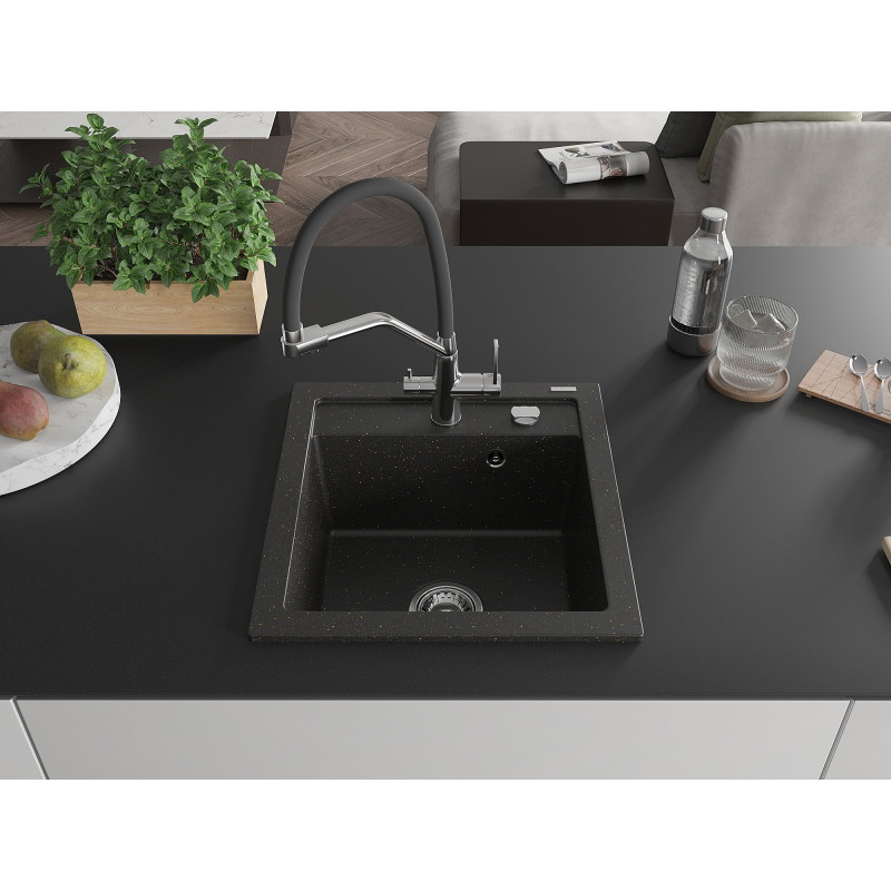 Mexen Vito granite sink 1-bowl with Duo kitchen faucet, black/gold metallic - 6503-75-671701-07