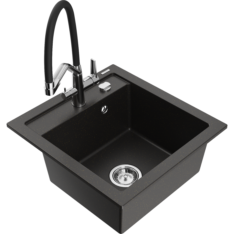 Mexen Vito 1-bowl granite sink with Duo kitchen tap, black/gold metallic - 6503-75-671701-07