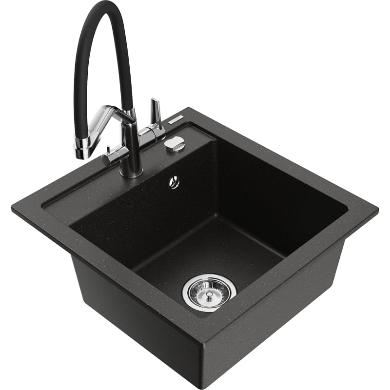 Mexen Vito granite kitchen sink 1-bowl with Duo kitchen faucet, black/gold metallic - 6503-75-671701-07