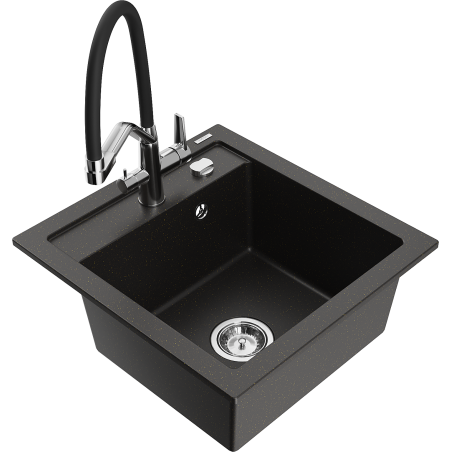 Mexen Vito granite kitchen sink 1-bowl with Duo kitchen faucet, black/gold metallic - 6503-75-671701-07