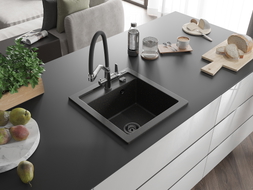 Mexen Vito granite kitchen sink 1-bowl with Duo kitchen faucet, black/golden metallic - 6503-75-671701-07-B