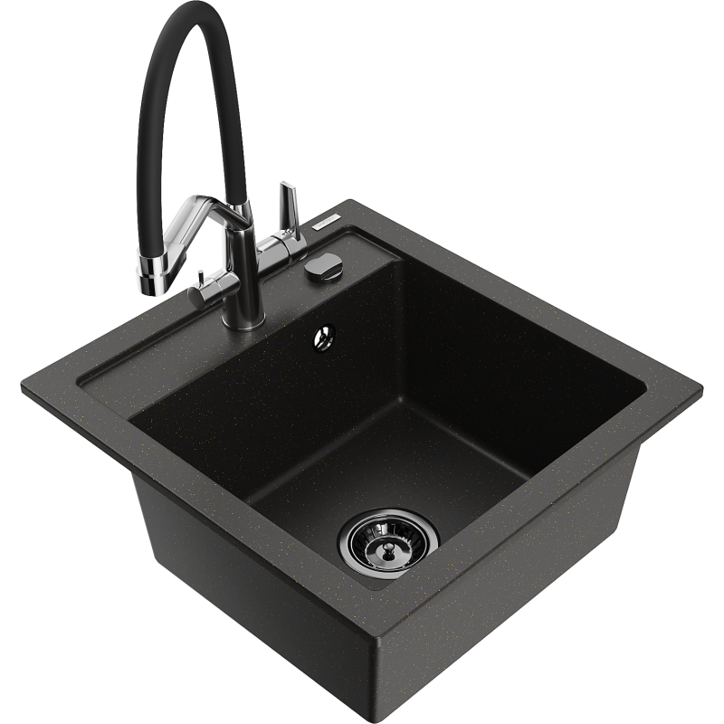 Mexen Vito 1-compartment granite sink with a kitchen mixer tap Duo, Black/ gold metallic - 6503-75-671701-07-B