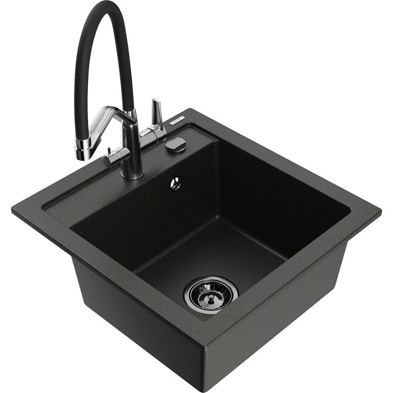 Mexen Vito granite kitchen sink 1-bowl with Duo kitchen faucet, black/golden metallic - 6503-75-671701-07-B