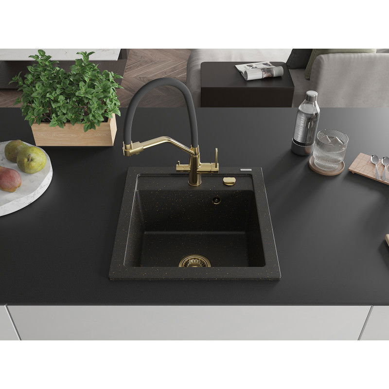 Mexen Vito granite sink single-bowl with Duo kitchen tap, black/gold metallic - 6503-75-671701-57-G