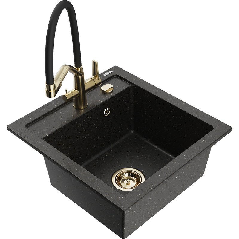 Mexen Vito granite kitchen sink 1-bowl with Duo kitchen faucet, black/gold metallic - 6503-75-671701-57-G