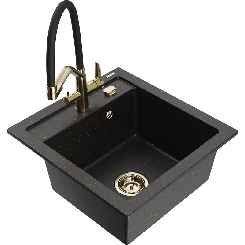 Mexen Vito granite sink single-bowl with Duo kitchen tap, black/gold metallic - 6503-75-671701-57-G