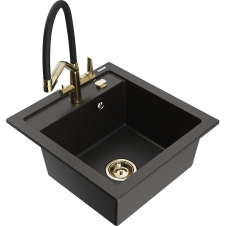 Mexen Vito granite kitchen sink 1-bowl with Duo kitchen faucet, black/gold metallic - 6503-75-671701-57-G