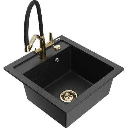 Mexen Vito granite sink single-bowl with Duo kitchen tap, black/gold metallic - 6503-75-671701-57-G