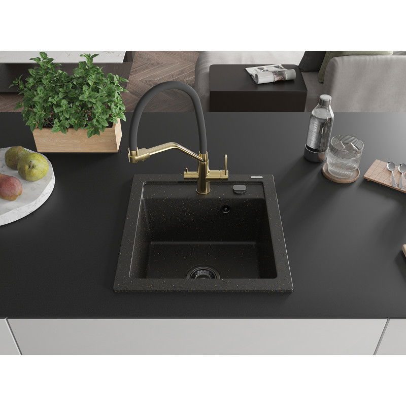 Mexen Vito granite sink 1-bowl with Duo kitchen tap, black/gold metallic - 6503-75-671701-57-B