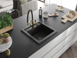Mexen Vito 1-bowl granite sink with Duo kitchen faucet, black/gold metallic - 6503-75-671701-57-B