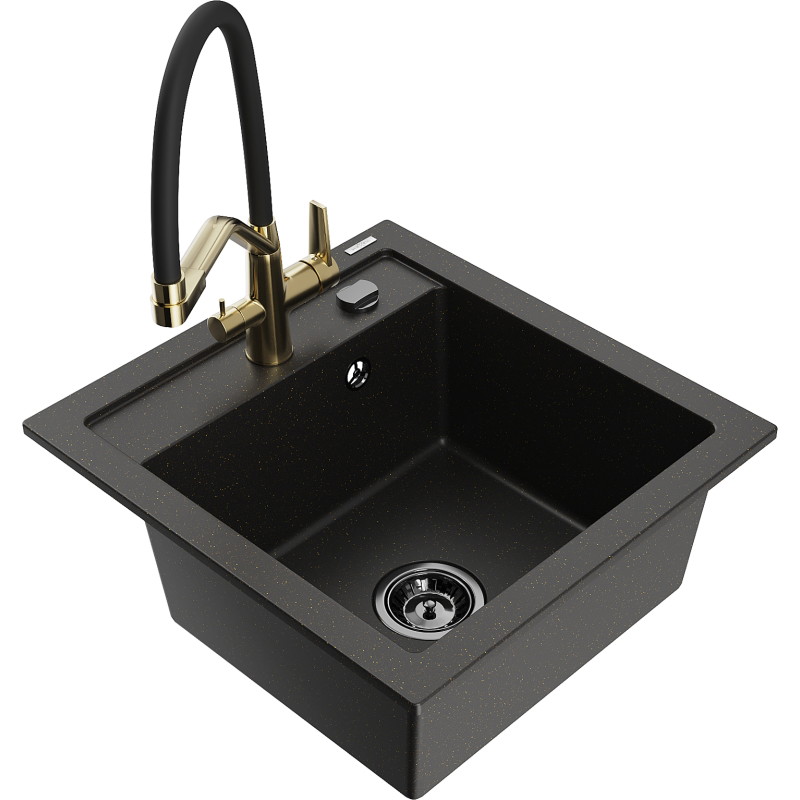 Mexen Vito 1-bowl granite sink with Duo kitchen faucet, black/gold metallic - 6503-75-671701-57-B