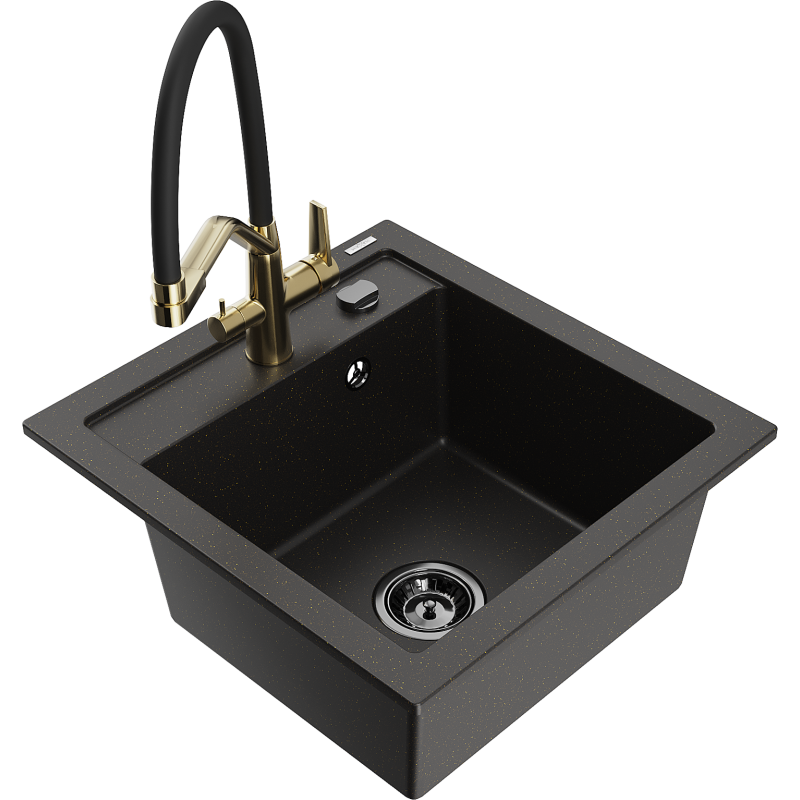 Mexen Vito 1-compartment granite sink with a kitchen mixer tap Duo, Black/ gold metallic - 6503-75-671701-57-B