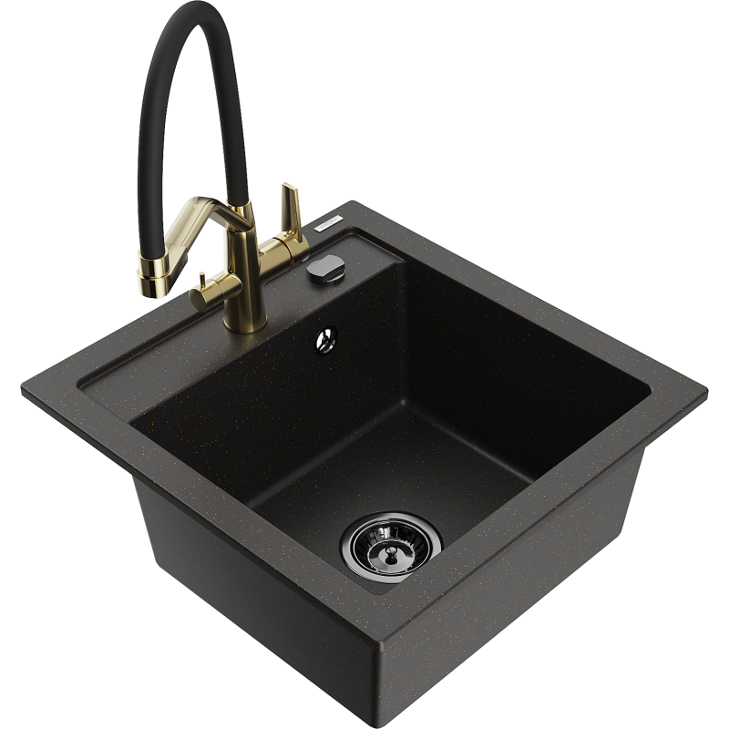 Mexen Vito granite sink 1-bowl with Duo kitchen tap, black/gold metallic - 6503-75-671701-57-B