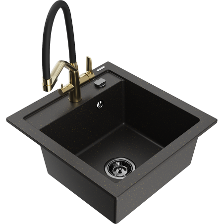 Mexen Vito 1-compartment granite sink with a kitchen mixer tap Duo, Black/ gold metallic - 6503-75-671701-57-B