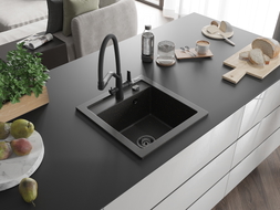 Mexen Vito 1-bowl granite sink with Duo kitchen faucet, black/golden metallic - 6503-75-671701-70-B