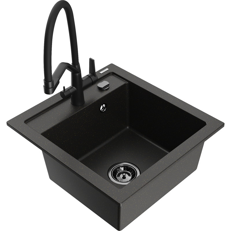 Mexen Vito 1-bowl granite kitchen sink with Duo faucet, black/gold metallic - 6503-75-671701-70-B