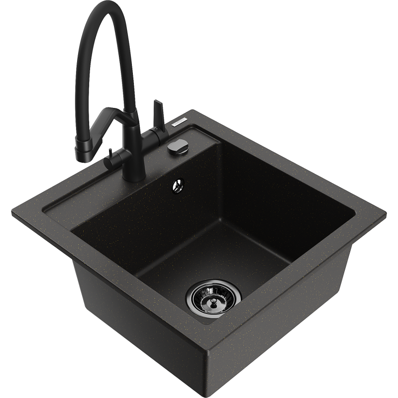 Mexen Vito 1-compartment granite sink with a kitchen mixer tap Duo, Black/ gold metallic - 6503-75-671701-70-B