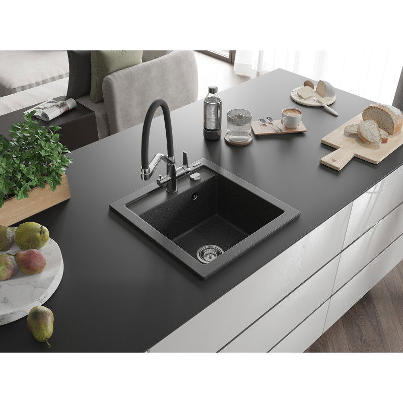 Mexen Vito 1-bowl granite kitchen sink with Duo tap, speckled black - 6503-76-671701-07