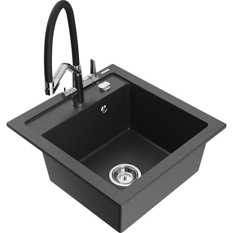 Mexen Vito granite kitchen sink 1-bowl with Duo kitchen faucet, black speckled - 6503-76-671701-07