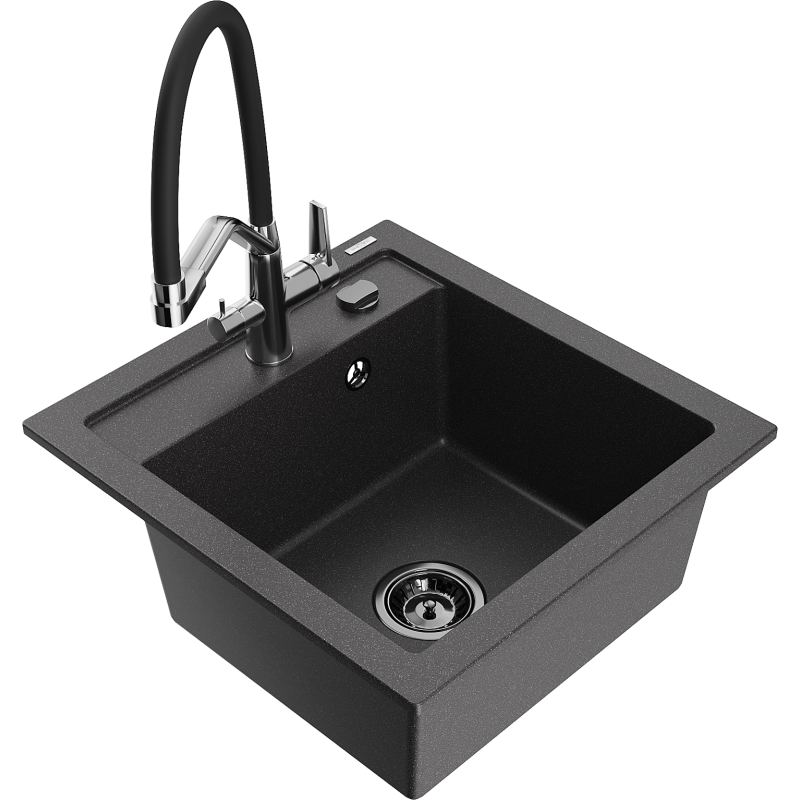 Mexen Vito granite sink 1-bowl with Duo kitchen tap, speckled black - 6503-76-671701-07-B
