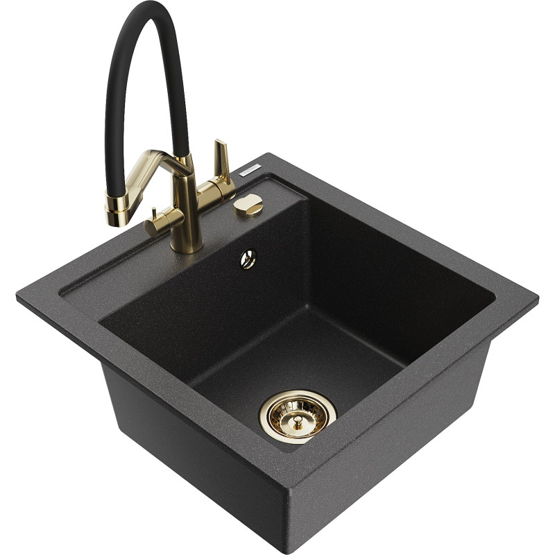 Mexen Vito 1-bowl granite sink with Duo kitchen faucet, black speckled - 6503-76-671701-57-G