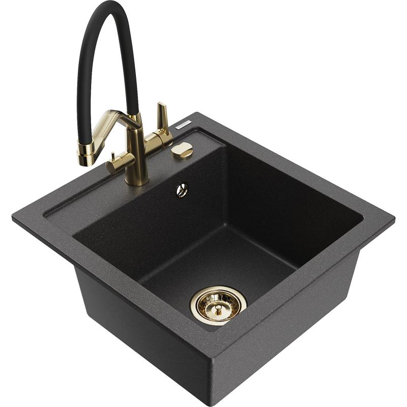 Mexen Vito granite kitchen sink 1-bowl with Duo kitchen tap, black speckled - 6503-76-671701-57-G