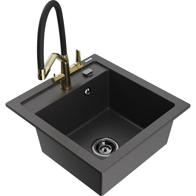 Mexen Vito granite 1-bowl kitchen sink with Duo faucet, black speckled - 6503-76-671701-57-B