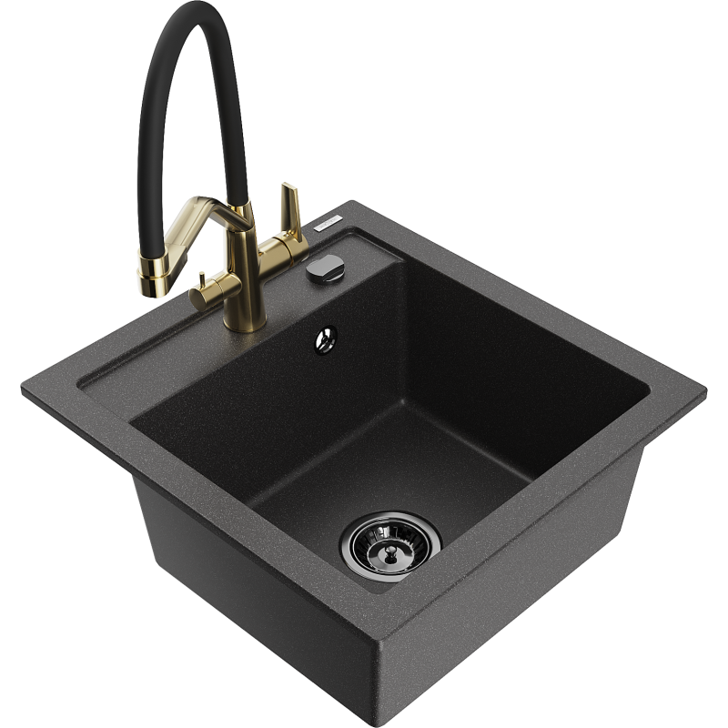 Mexen Vito granite sink 1-bowl with Duo kitchen tap, black speckled - 6503-76-671701-57-B