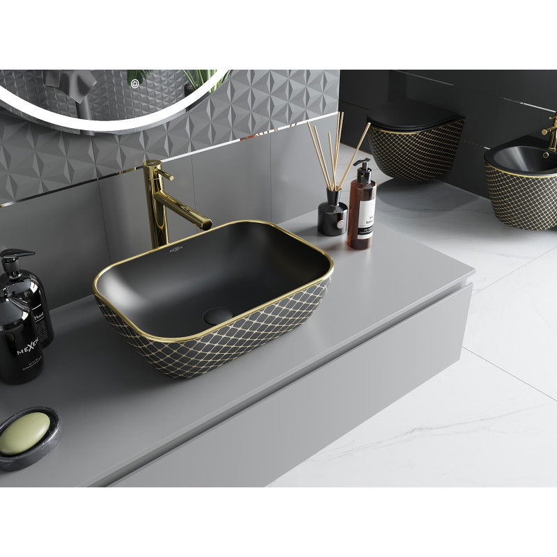Mexen Rita countertop washbasin 45 x 32 cm, black matt/gold check pattern - 21084579