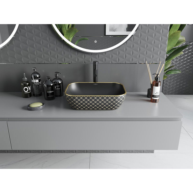 Mexen Rita countertop washbasin 45 x 32 cm, black matt/gold check pattern - 21084579
