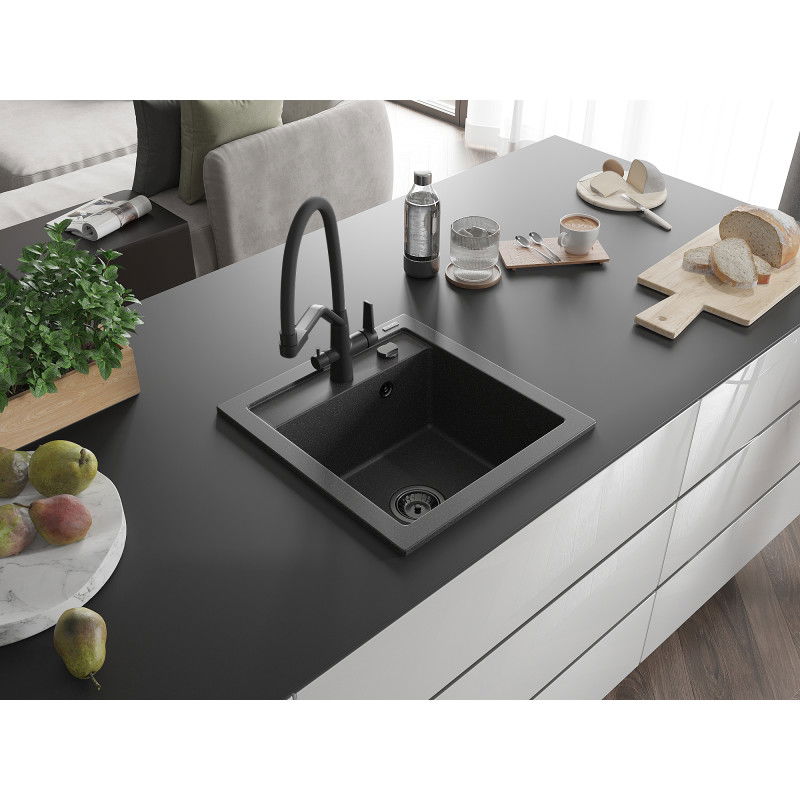 Mexen Vito 1-bowl granite sink with Duo kitchen tap, black speckled - 6503-76-671701-70-B