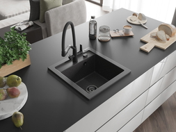 Mexen Vito 1-bowl granite sink with Duo kitchen faucet, black speckled - 6503-76-671701-70-B