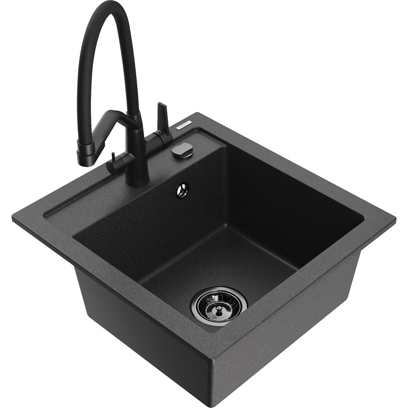 Mexen Vito granite single-bowl sink with Duo kitchen faucet, speckled black - 6503-76-671701-70-B