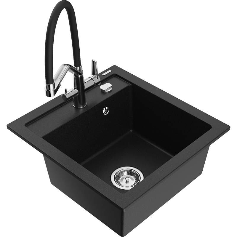 Mexen Vito granite kitchen sink 1-bowl with Duo kitchen faucet, black - 6503-77-671701-07