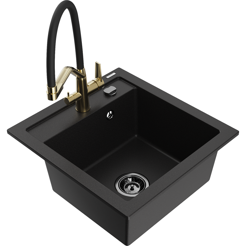 Mexen Vito 1-bowl granite sink with Duo kitchen tap, black - 6503-77-671701-57-B