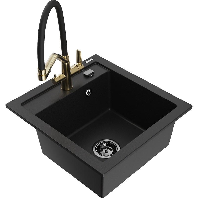 Mexen Vito granite kitchen sink 1-bowl with Duo kitchen faucet, black - 6503-77-671701-57-B