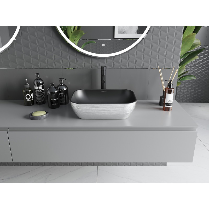 Mexen Rita countertop washbasin 45 x 32 cm, matte black/silver line pattern - 21084573