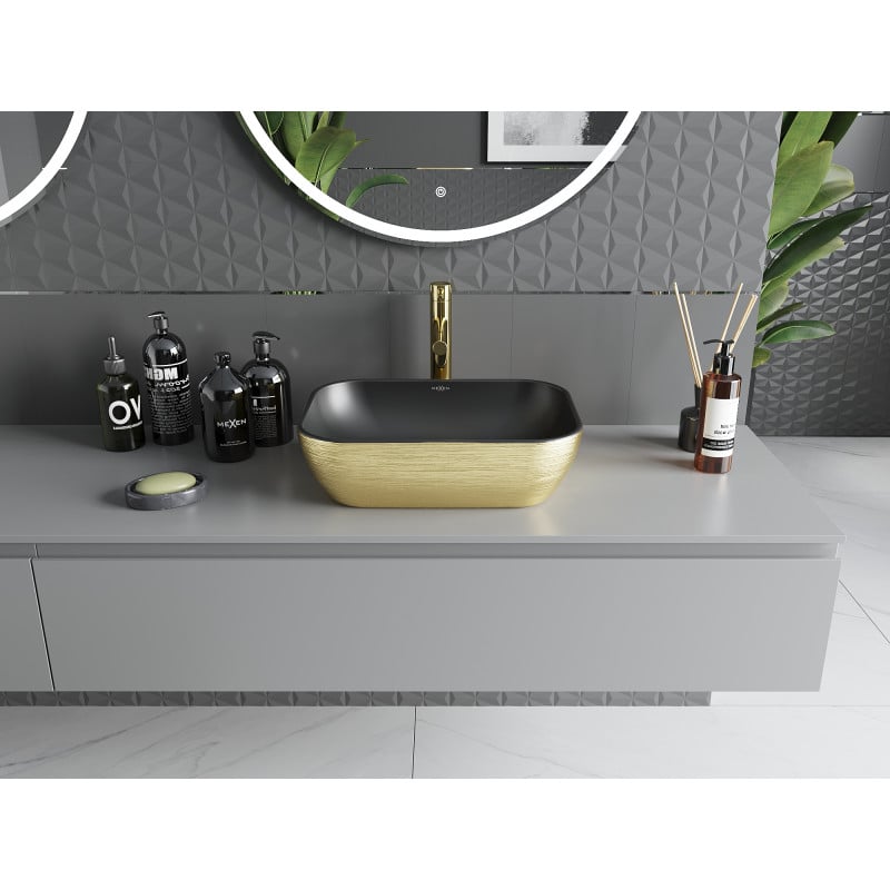 Mexen Rita countertop washbasin 45 x 32 cm, black matte/golden line pattern - 21084577