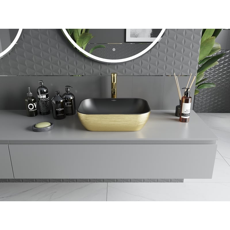Mexen Rita countertop washbasin 45 x 32 cm, matte black/gold line pattern - 21084577
