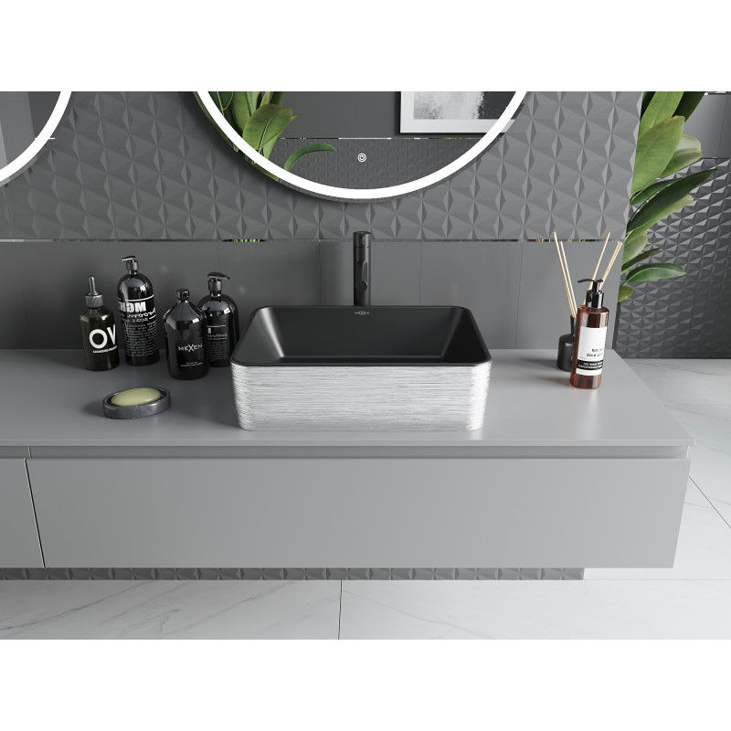 Mexen Catia countertop washbasin 48 x 37 cm, black matte/silver line pattern - 21314873