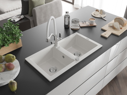 Mexen Mario granite double-bowl sink with Duo kitchen faucet, white - 6504-20-671701-02