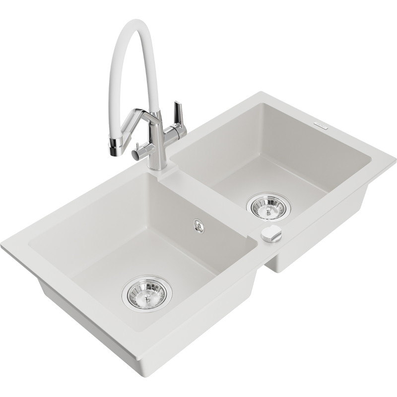 Mexen Mario granite kitchen sink 2-bowl with Duo kitchen faucet, white - 6504-20-671701-02
