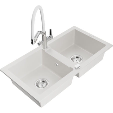 Mexen Mario granite double-bowl sink with Duo kitchen faucet, white - 6504-20-671701-02