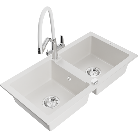Mexen Mario granite sink 2-bowl with Duo kitchen tap, white - 6504-20-671701-02