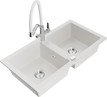 Mexen Mario granite double-bowl sink with Duo kitchen faucet, white - 6504-20-671701-02