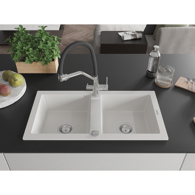 Mexen Mario granite kitchen sink 2-compartment with Duo kitchen faucet, white - 6504-20-671701-07